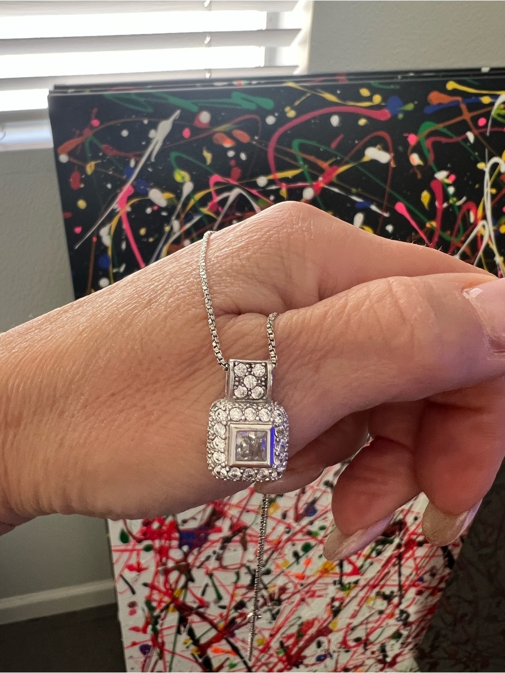 Pave Square Halo Pendant Necklace in Sterling Silver